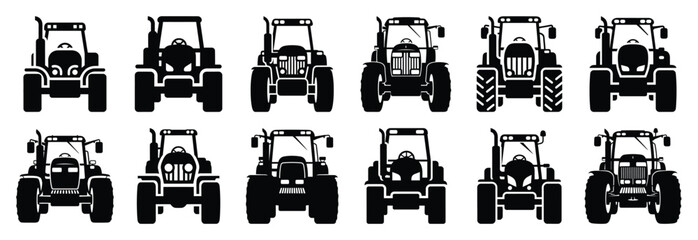 Set of agricultural tractor front view silhouette vector illustration. © SreeAtul