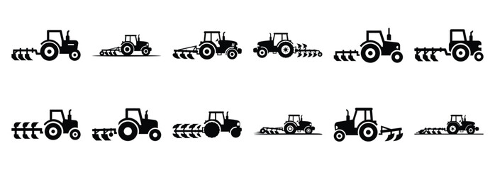 Set of agricultural tractor with plow silhouette vector illustration. © SreeAtul