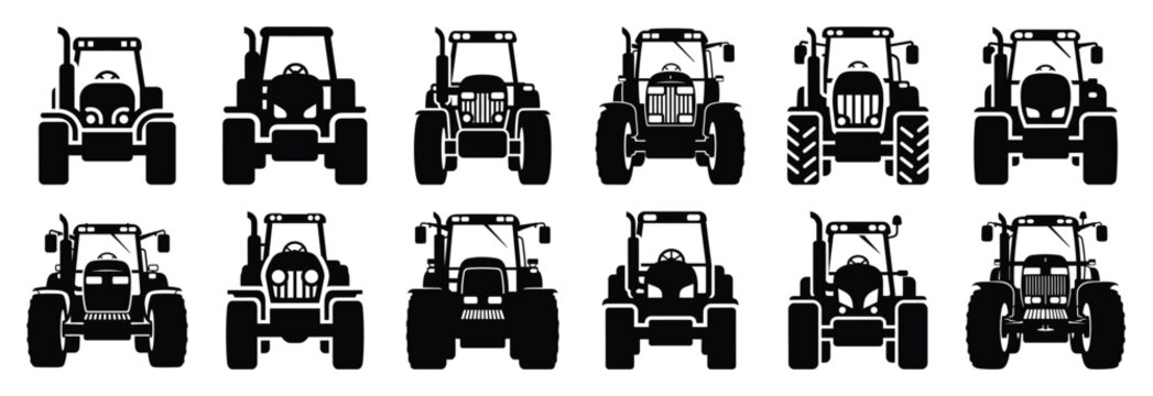Set of agricultural tractor front view silhouette vector illustration.