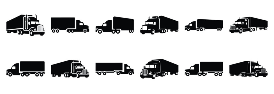 Set of agricultural tractor trailer silhouette vector illustration.