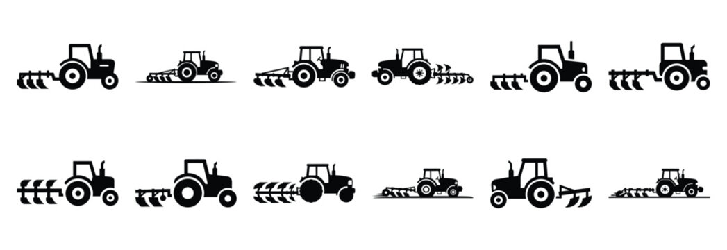 Set of agricultural tractor with plow silhouette vector illustration.