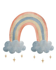 Fototapeta premium Watercolor pastel rainbow with clouds and magic stars, cute boho nursery decor illustration isolated on white background