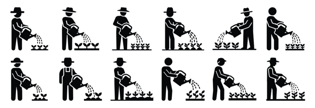 Set of agricultural watering crops silhouette vector illustration.