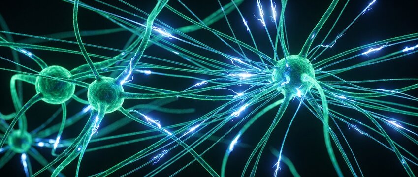 Active neurons firing electrical impulses in brain, microscopic 3D render of neural network, science and neurology concept showing synaptic connection, cognitive activity and transmission.