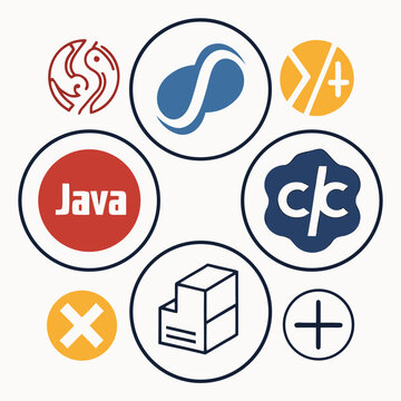 Flat of popular programming language symbols, java, c++, c#, python, php, ruby, java script, css