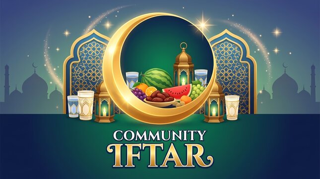 Community iftar celebration background with crescent moon and lanterns