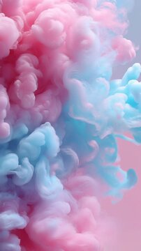 Pastel pink and blue smoke clouds drifting gracefully, vertical video featuring soft dreamy motion, colorful vapor effects and elegant abstract atmosphere