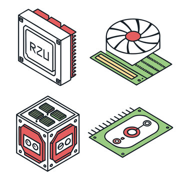 Isometric of computer hardware components: ram, cpu, hard drive, and power supply