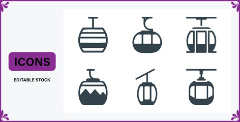 Set of modern flat icons representing various cable car gondolas for transportation and tourism © Badsha Mollik