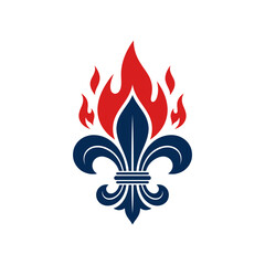 Dark blue fleur de lis with red flames logo. © yan