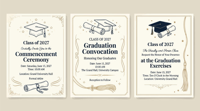 Vintage Graduation Invitation Templates for Class of 2027, Elegant Commencement Ceremony Cards with Mortarboard and Diploma, Set of 3 Vector Layouts