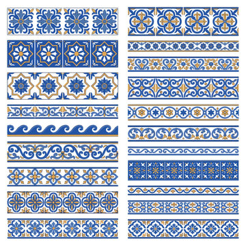 Portuguese azulejo tile borders set, Mediterranean blue and gold ceramic pattern brushes, traditional Spanish talavera vector ornaments