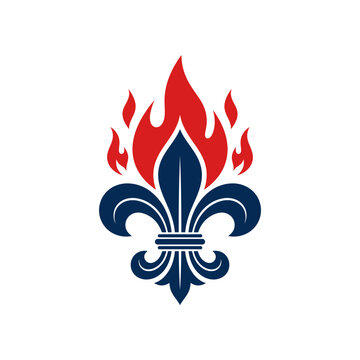 Dark blue fleur de lis with red flames logo.