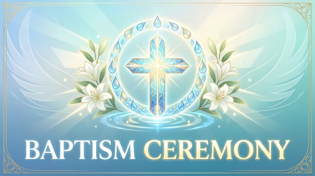Baptism ceremony invitation card design with radiant cross and white lilies