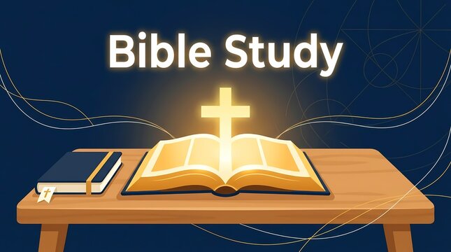 Bible study illustration with open book and glowing cross