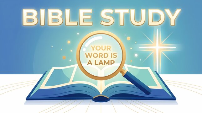 Bible study graphic with open book, magnifying glass, and glowing cross