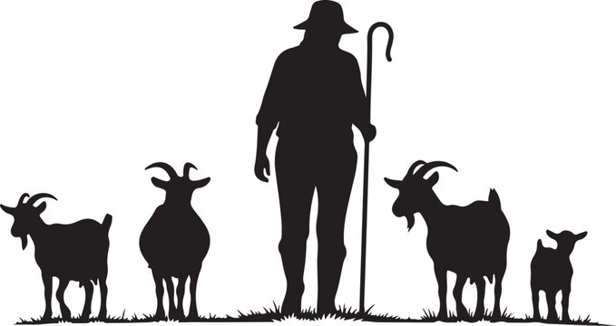Black silhouette of man with goats and shepherd's staff