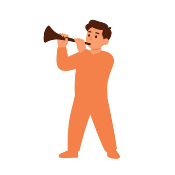 Boy with brown hair is playing a wind instrument in orange colored clothing on white background