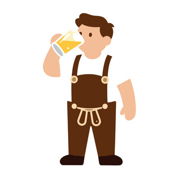 Man in lederhosen drinking beer from a glass mug at a celebration