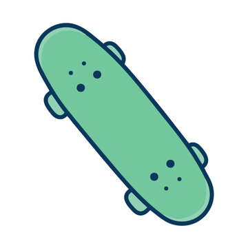 Illustrated skateboard with blue outline and green board for riding and performing tricks