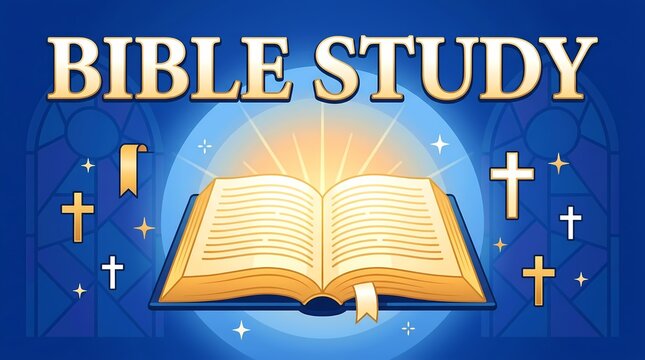 Bible study concept with open holy book and cross symbols