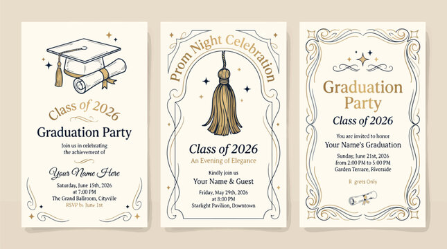 Elegant graduation party invitation templates, vintage class of 2026 prom night celebration cards, 3 vector layouts with mortarboard and diploma