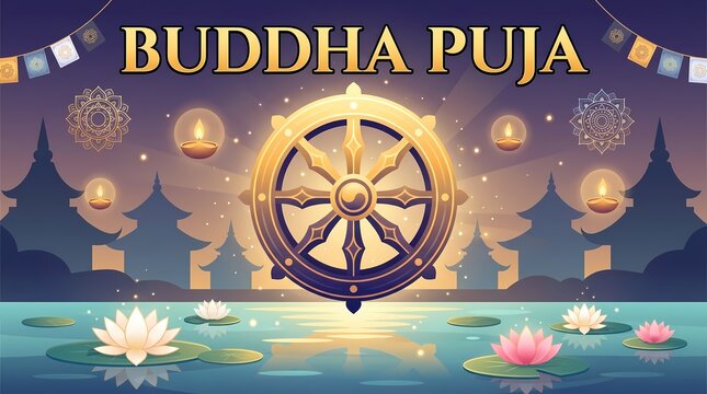 Buddha puja celebration background with dharmachakra and lotus flowers