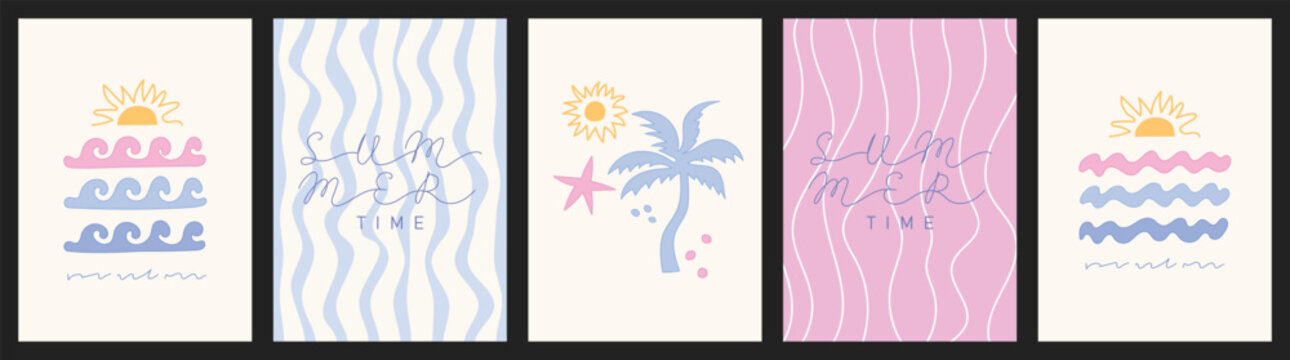 Summer beach poster set with ocean waves, palm tree, sun, and starfish. Pastel minimal design on light and pink backgrounds. Vector card collection for tropical seasonal decoration.