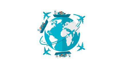 Naklejka premium Global Logistics and International Shipping Illustration with Cargo Planes and Container Ships Around Earth Globe