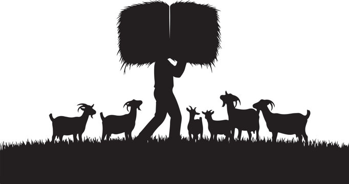 Black silhouette of person carrying hay with goats