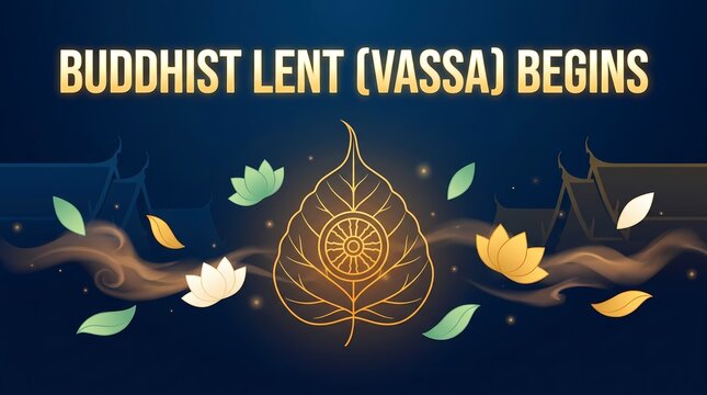 Buddhist lent vassa celebration graphic with bodhi leaf and lotus flowers