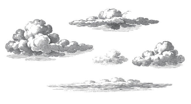 Detailed sky cloud illustration with classic etching technique and natural atmospheric shading.