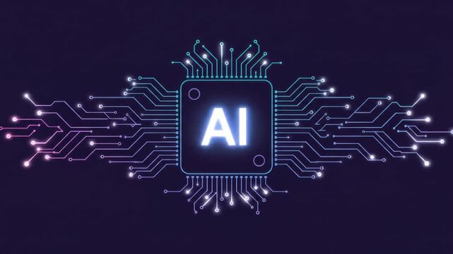 Glowing AI processor chip on digital circuit background