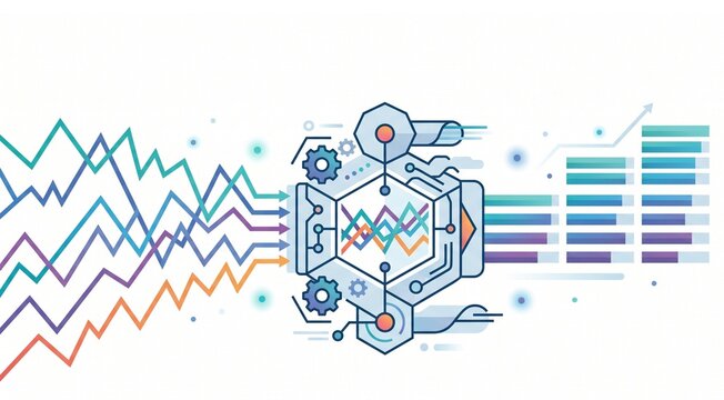 Geometric flat vector infographic of automated stock trading bot trend workflow