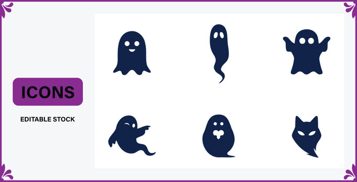 Collection of cute and spooky ghost and animal silhouette icons for Halloween celebrations
