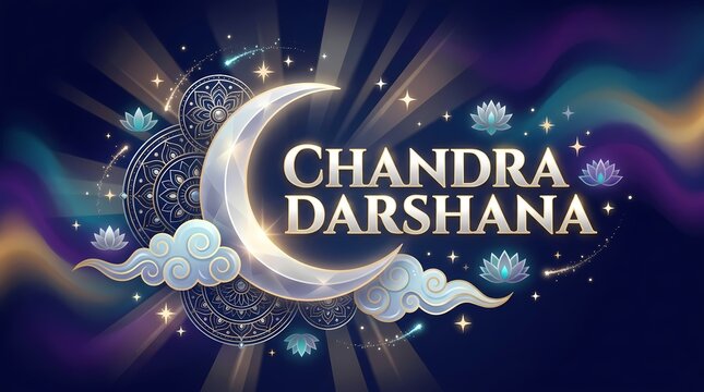 Chandra darshana celebration with crescent moon and lotus flowers