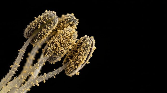 Macro botanical science photography of flower stamen and anther with pollen grains, microscopic plant anatomy and floral reproduction biology on black background