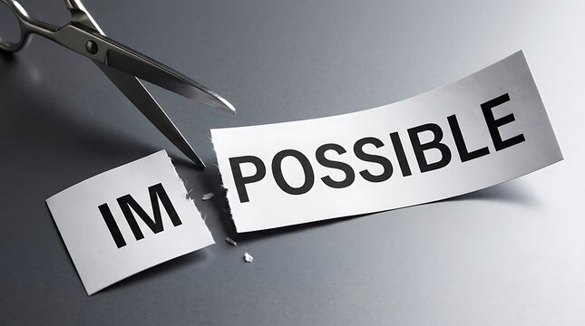 Motivation and Leadership Concept With Scissors Transforming Impossible Word Into Possible Message on Minimal Background
