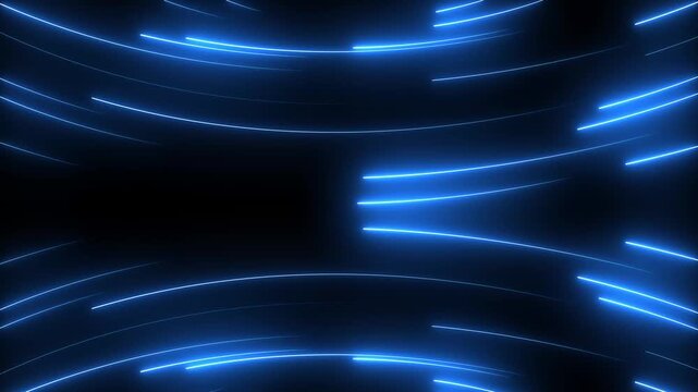 Neon lights blinking lines moving animation. Seamless loop animation of glowing neon line.Glowing Blue Neon Light Bars Moving in Circular Motion on Dark Background Technology Concept neon lights.