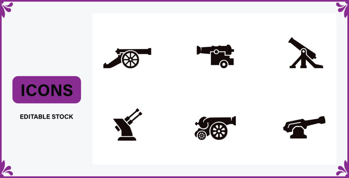 Collection of black simple icon set representing different types of historical cannons