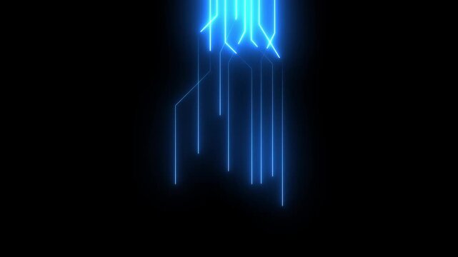 Digital circuit chip set board processor pattern. Neon circuit board shiny technology motion design. neon lines illuminate a black background.