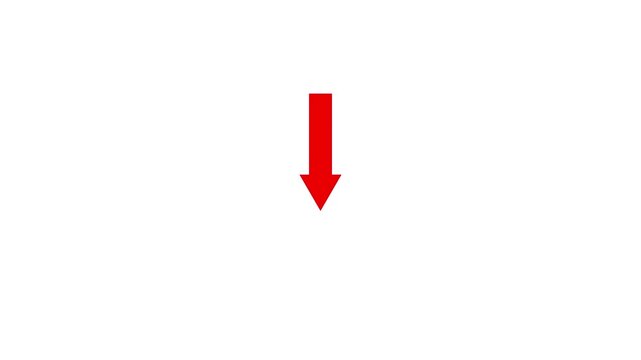 Animated arrow pointing down on white background.Abstract glowing down arrow icon animation 4k video.