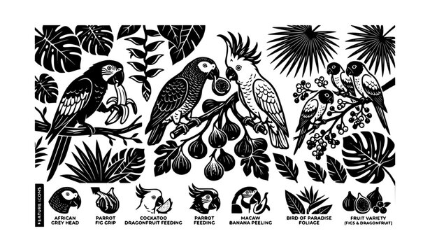 Horizontal parrot eating silhouette collection black and white vector