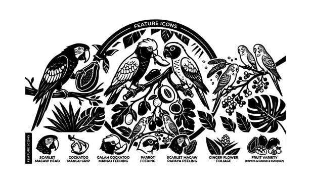 Circular parrot eating icon arrangement black and white vector