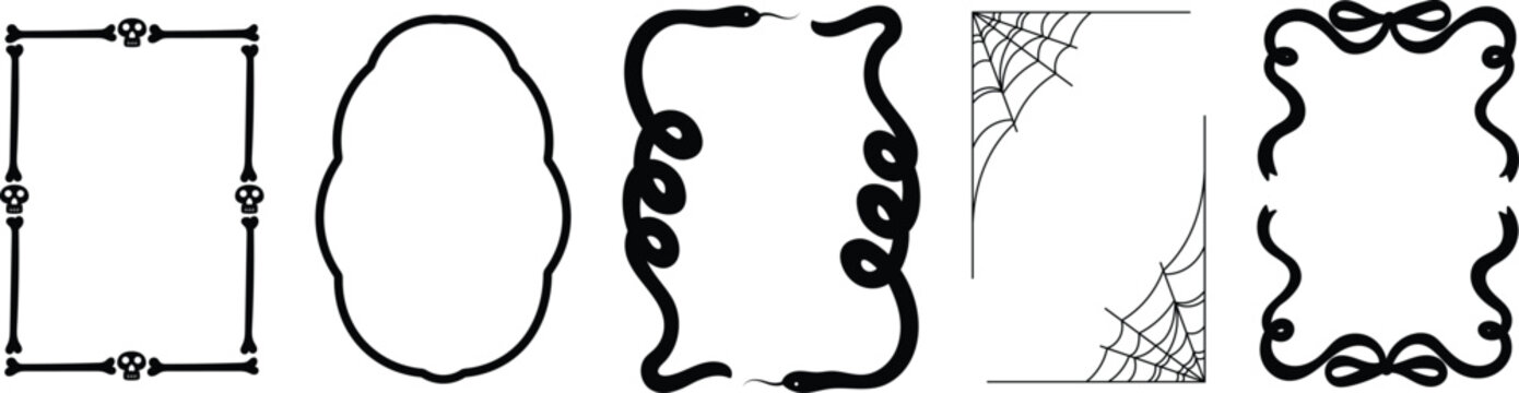 Halloween Spooky Frame and Border Set in Black Outline. Creepy cobweb, wavy, and gothic shapes for seasonal design. Bold decorative borders for party posters and horror layouts.
