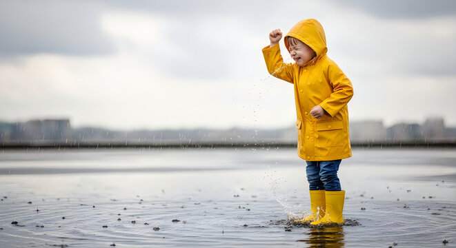 Joyful child in yellow raincoat splashing in puddle on a rainy day
