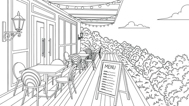 Outdoor summer cafe graphic black white landscape sketch illustration vector, hand drawn contour, line art sketch style.