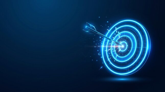 A glowing digital wireframe arrow hits the center of a neon bullseye target on a dark blue technology business background.