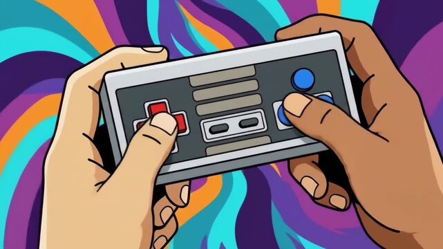 Hands holding retro game controller with colorful psychedelic background
