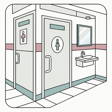 Illustration of a public restroom with separate doors for men and women public space restroom sign men s bathroom public toilet restroom facility restroom design restroom door restroom interio